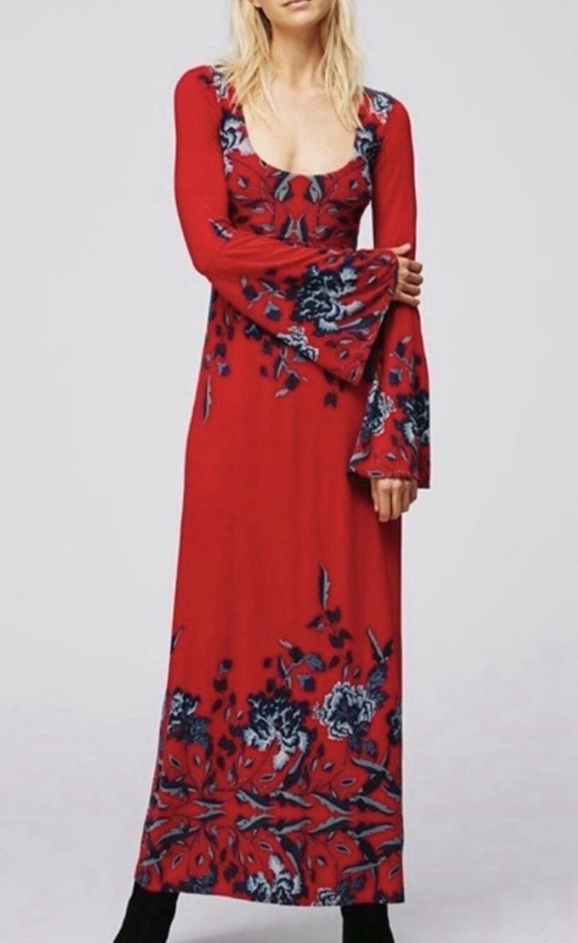 Free People Women Boho Floral Maxi Dress S Red Hippie Festival Casual